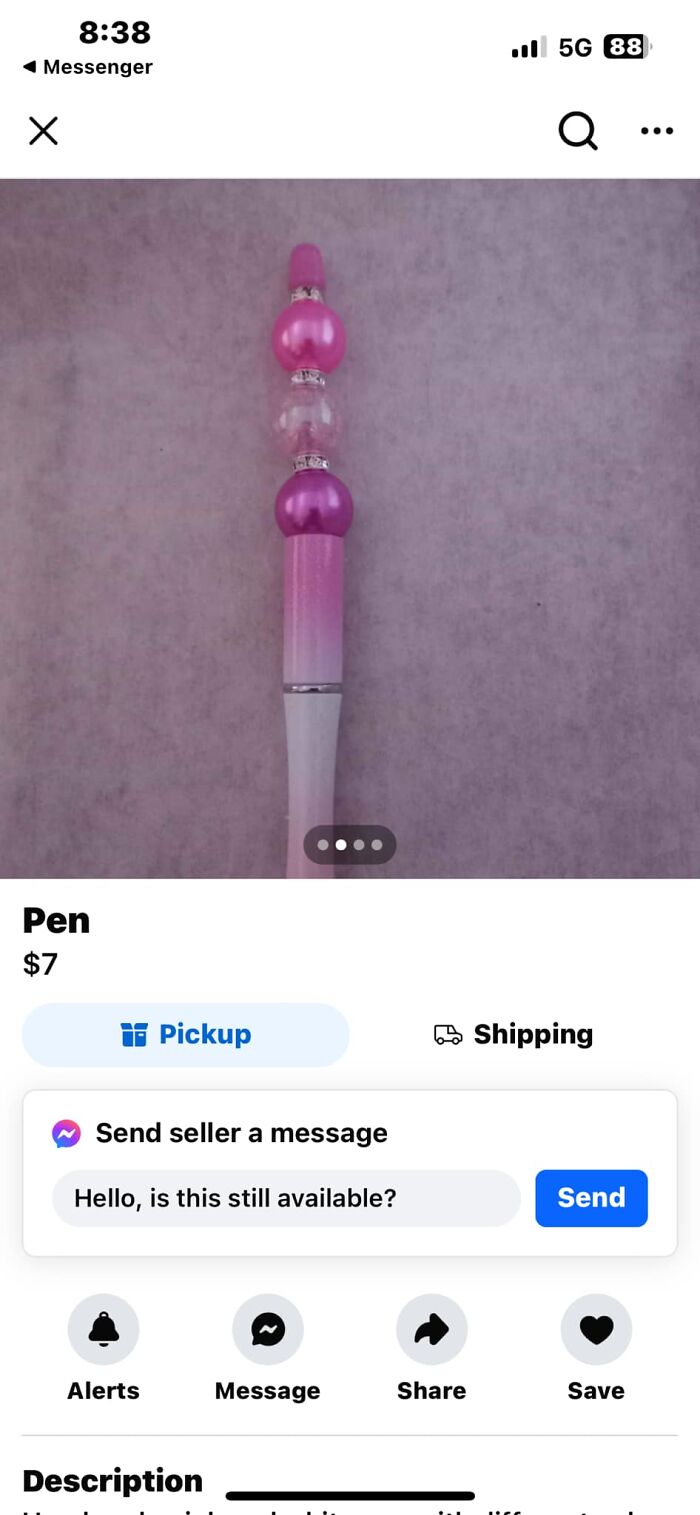 Pink decorative pen listed for sale on FB Marketplace with unhinged posts and pickup or shipping options visible.