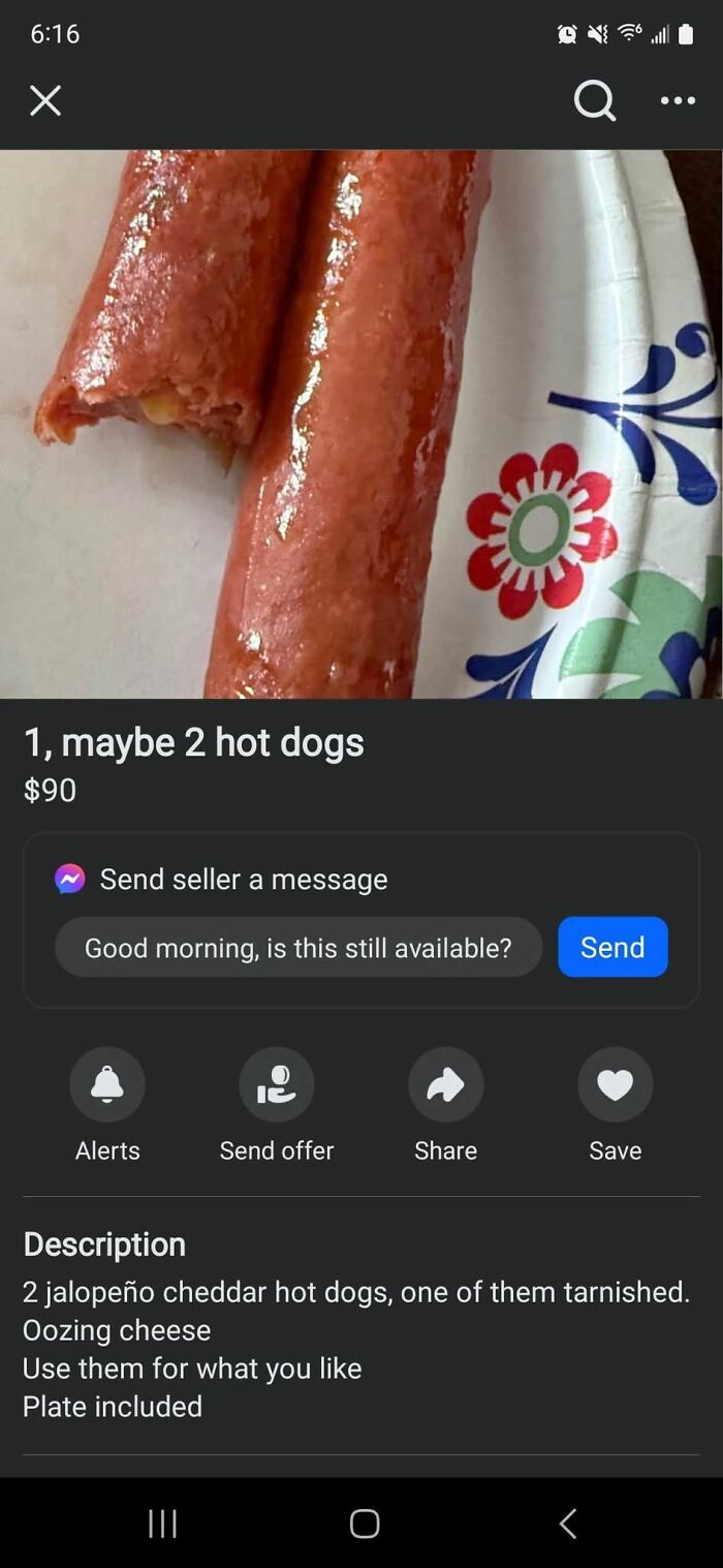 Two jalapeño cheddar hot dogs on a paper plate listed for sale with unhinged FB Marketplace post description.