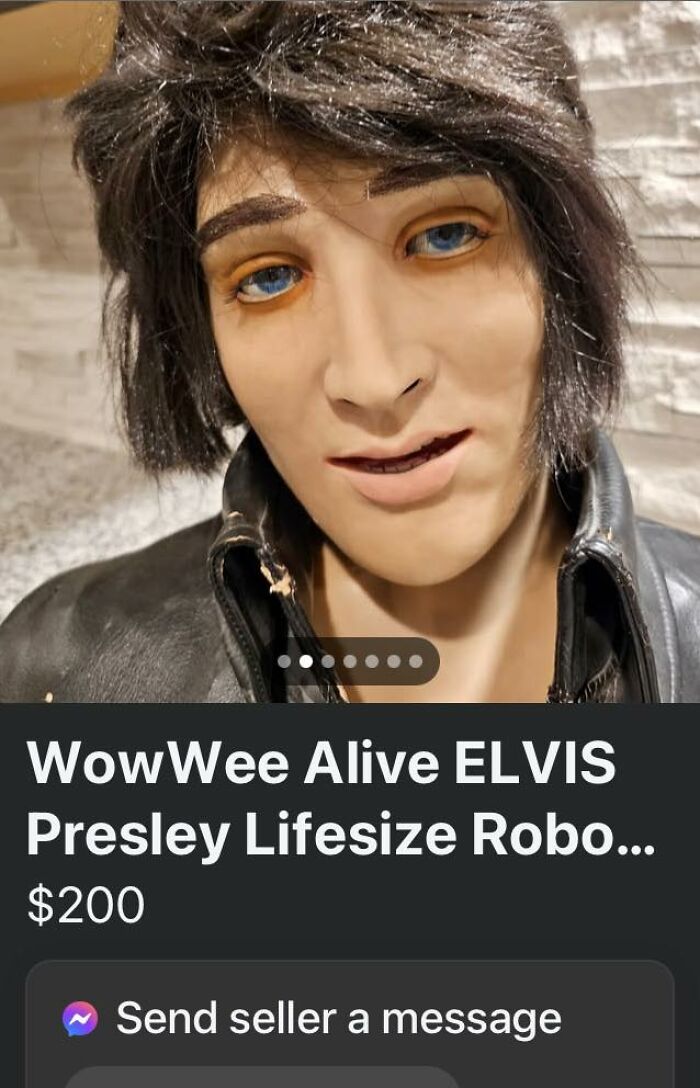 Lifesize WowWee Alive Elvis Presley robot with blue eyes and black leather jacket for sale on FB Marketplace unhinged post.