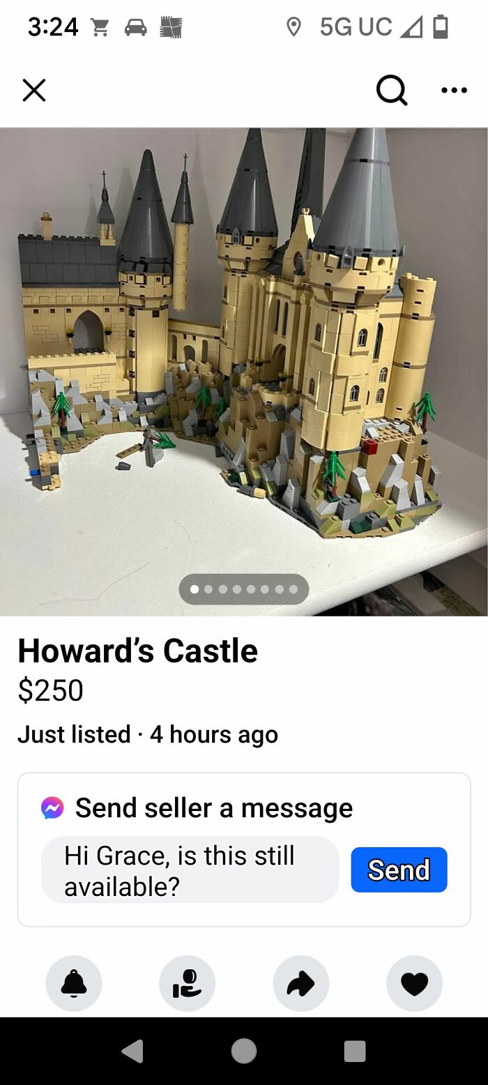 LEGO castle model listed for sale on FB Marketplace, showcasing one of the most unhinged posts on the platform.