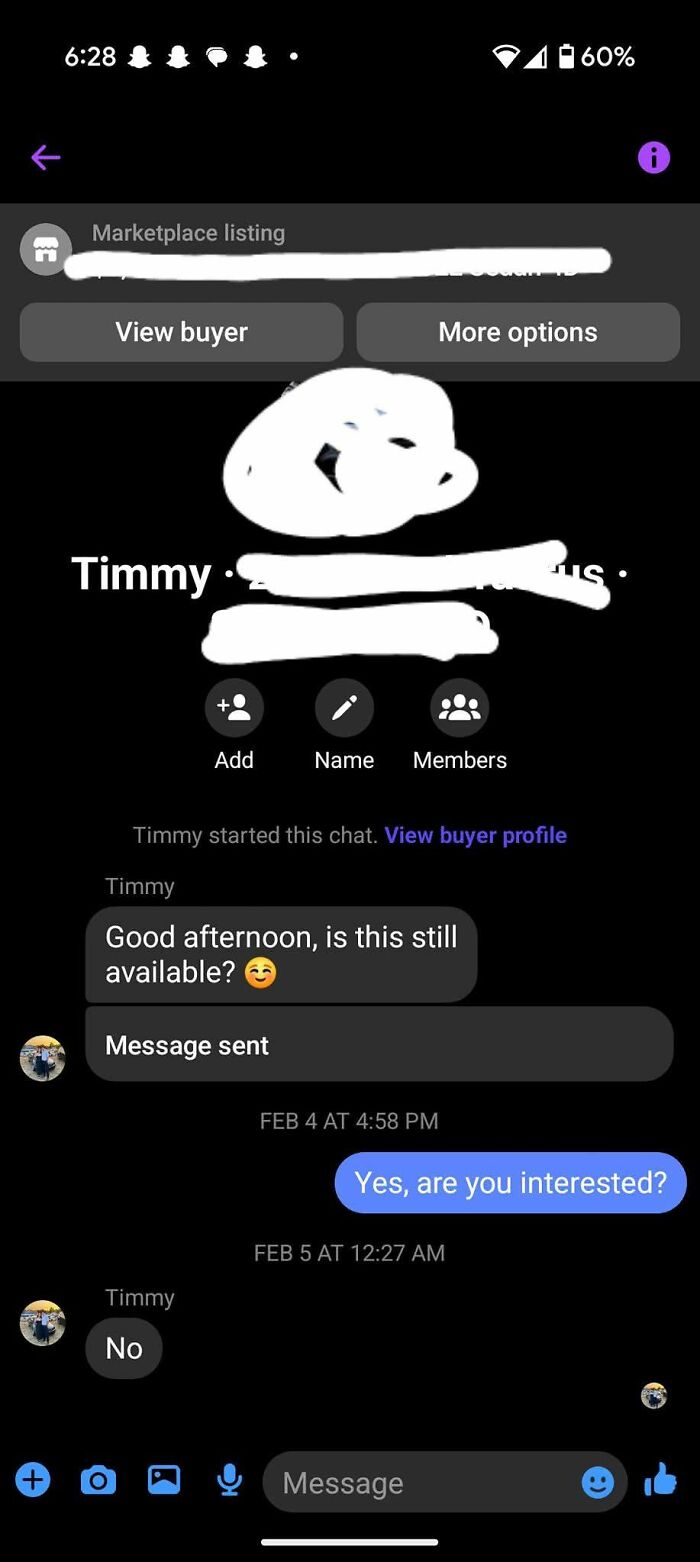 Chat conversation on FB Marketplace with a buyer asking availability and then declining, showing unhinged posts.