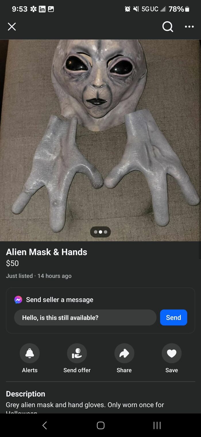 Grey alien mask and hand gloves listed on FB Marketplace showing unhinged posts with unusual costume items for sale.