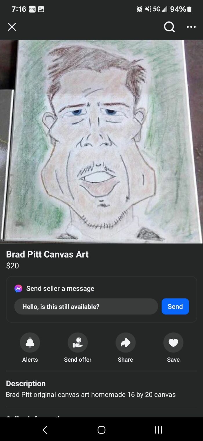 Hand-drawn Brad Pitt canvas art listed on FB Marketplace showcasing the most unhinged posts and unique items.