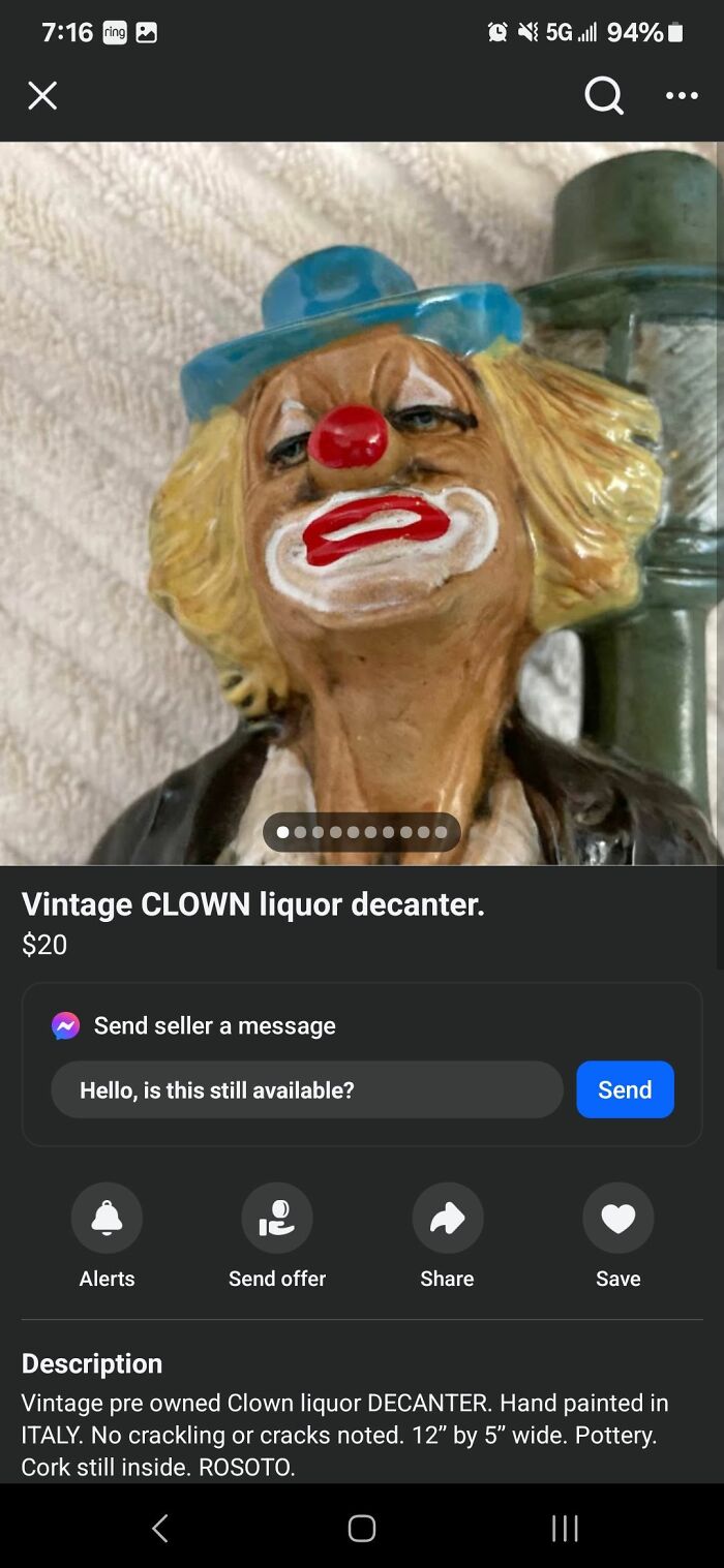 Vintage clown liquor decanter with hand-painted details in Italy, featured in unhinged FB Marketplace posts collection.