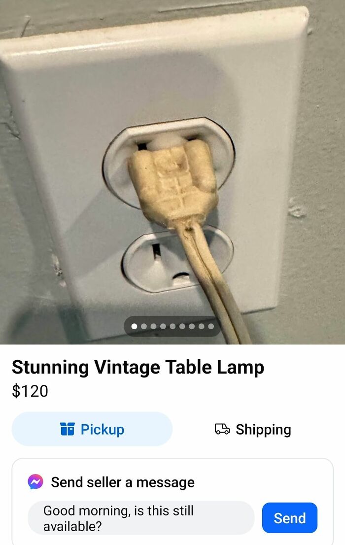 Plug shaped like a tiny arm and hand awkwardly inserted into a wall outlet, showcasing unhinged FB Marketplace posts.