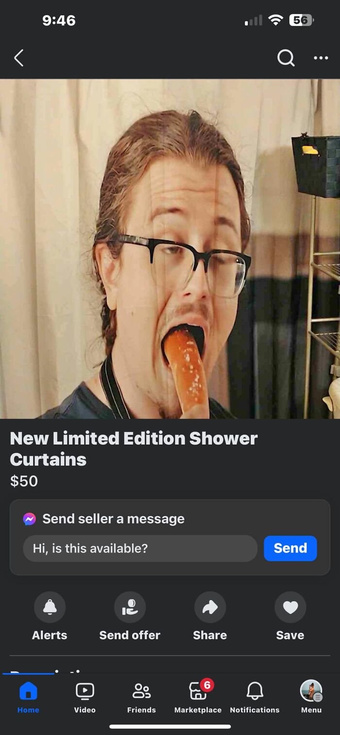 Man with glasses biting a large pretzel in a funny Facebook Marketplace post on unhinged listings humor and creativity.