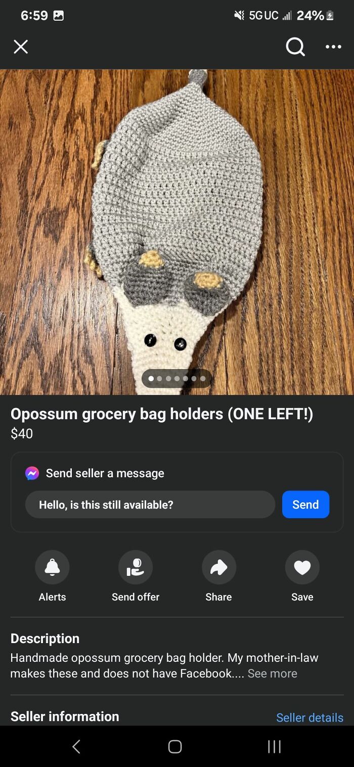 Crocheted opossum grocery bag holder listed on FB Marketplace as one of the most unhinged posts from users.
