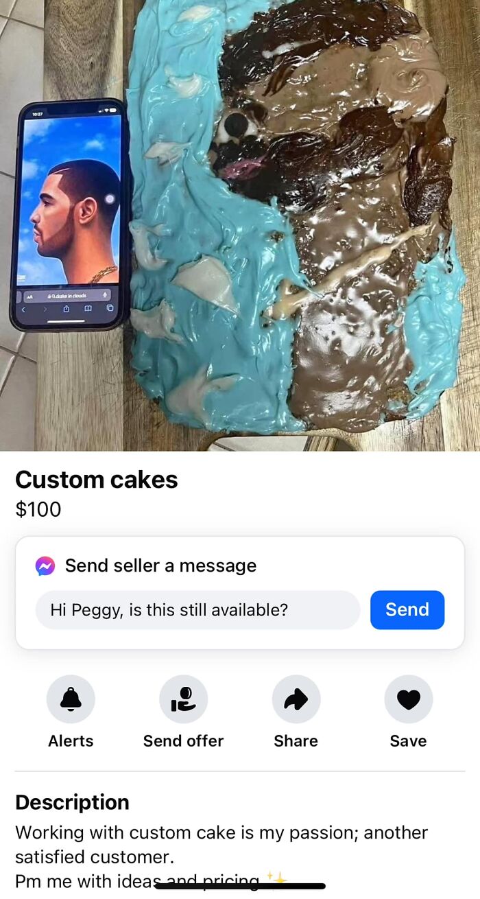 Custom cake on FB Marketplace with unhinged design attempting a portrait, showcasing bizarre and funny posts.