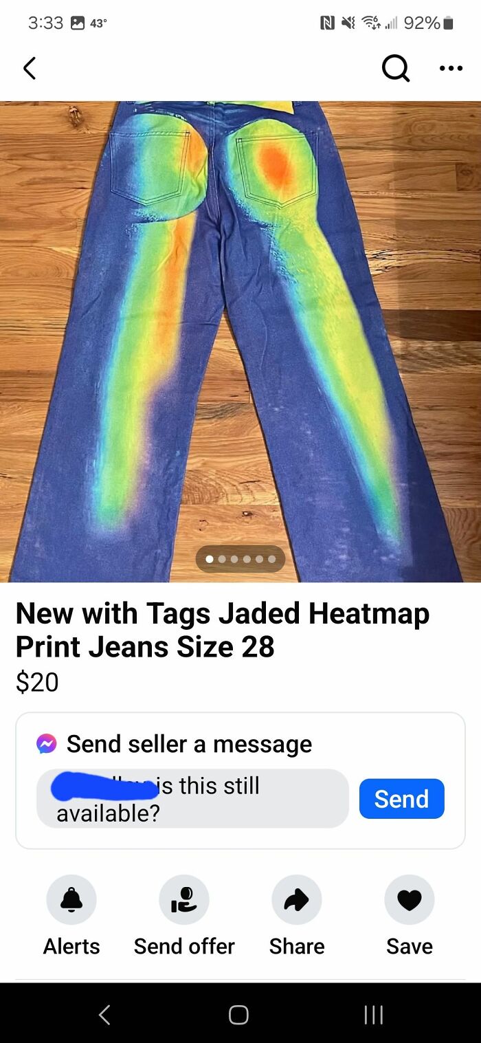 Jeans with heatmap-style colorful stains on back pockets and legs listed on FB Marketplace unusual posts.