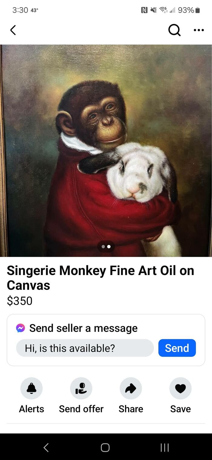 Oil painting of a monkey in a red jacket hugging a white rabbit, featured in 100 times FB Marketplace unhinged posts.