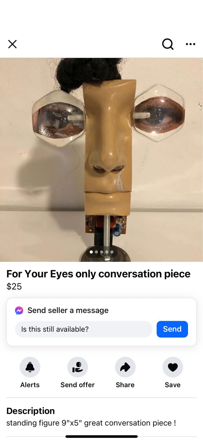 Unhinged FB Marketplace post showing a unique standing figure with eyes on bolts and distorted facial features.