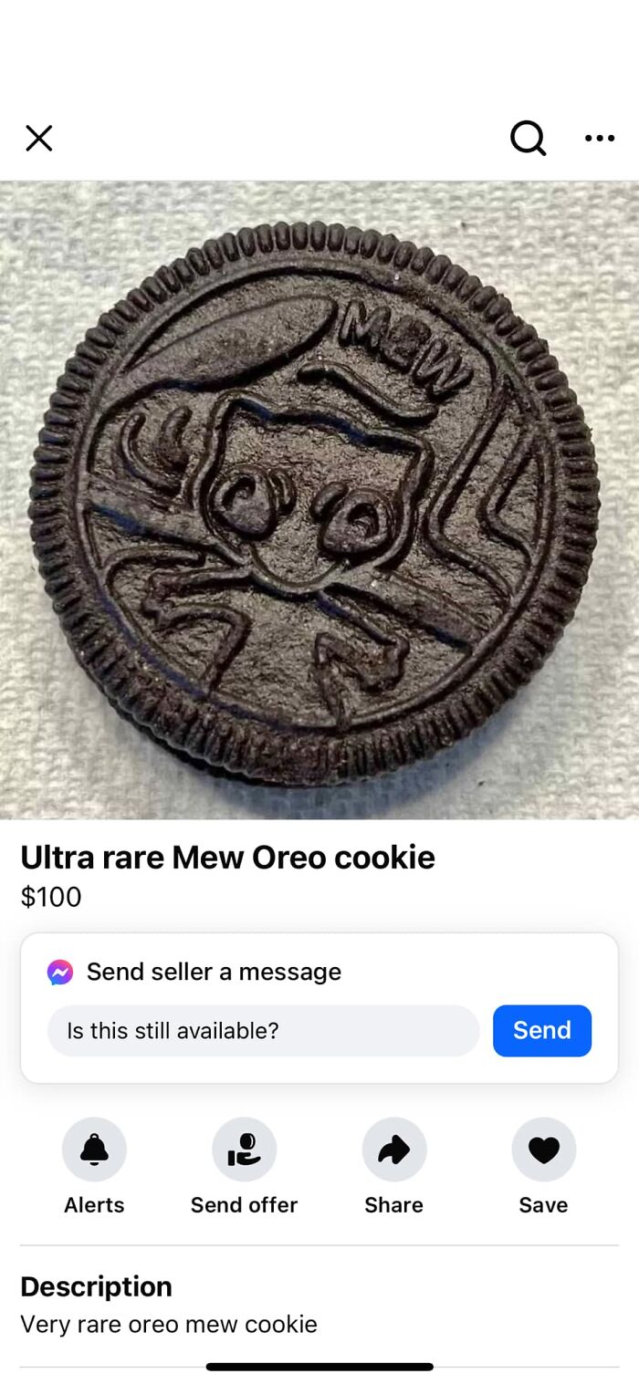 Ultra rare Mew Oreo cookie listed on FB Marketplace as one of the most unhinged posts with unusual collectible item.