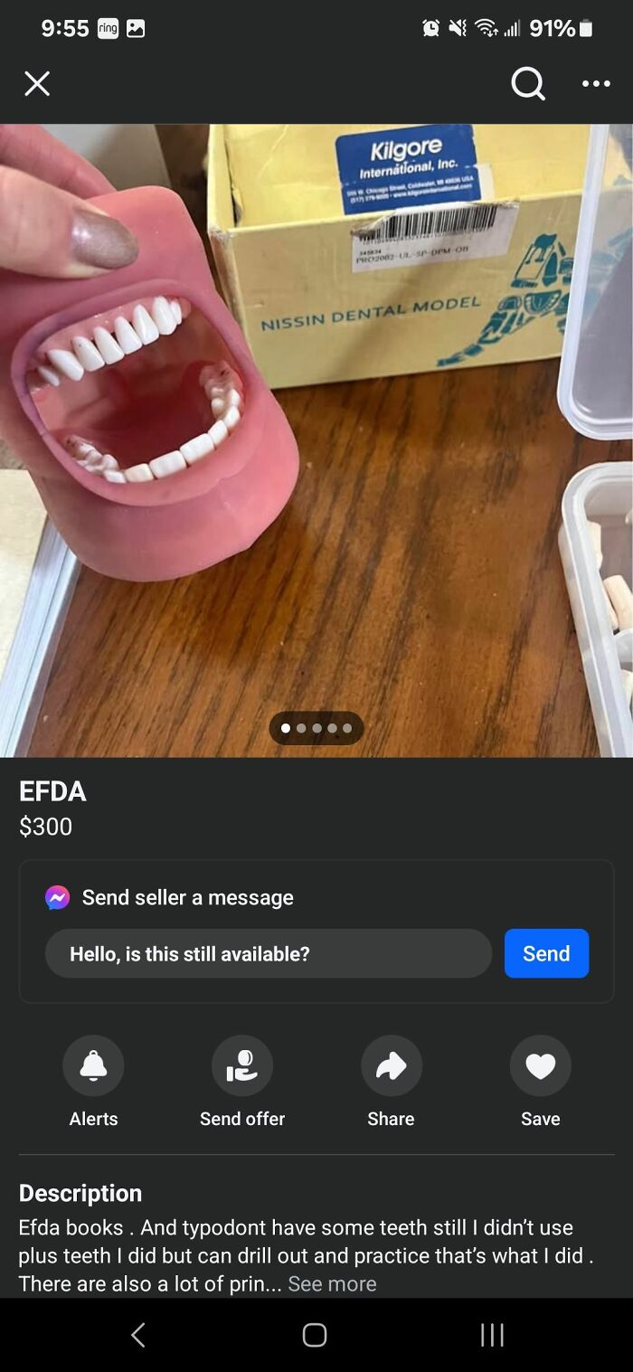 Hand holding dental model with teeth for sale on FB Marketplace, showcasing unhinged posts and unusual listings.