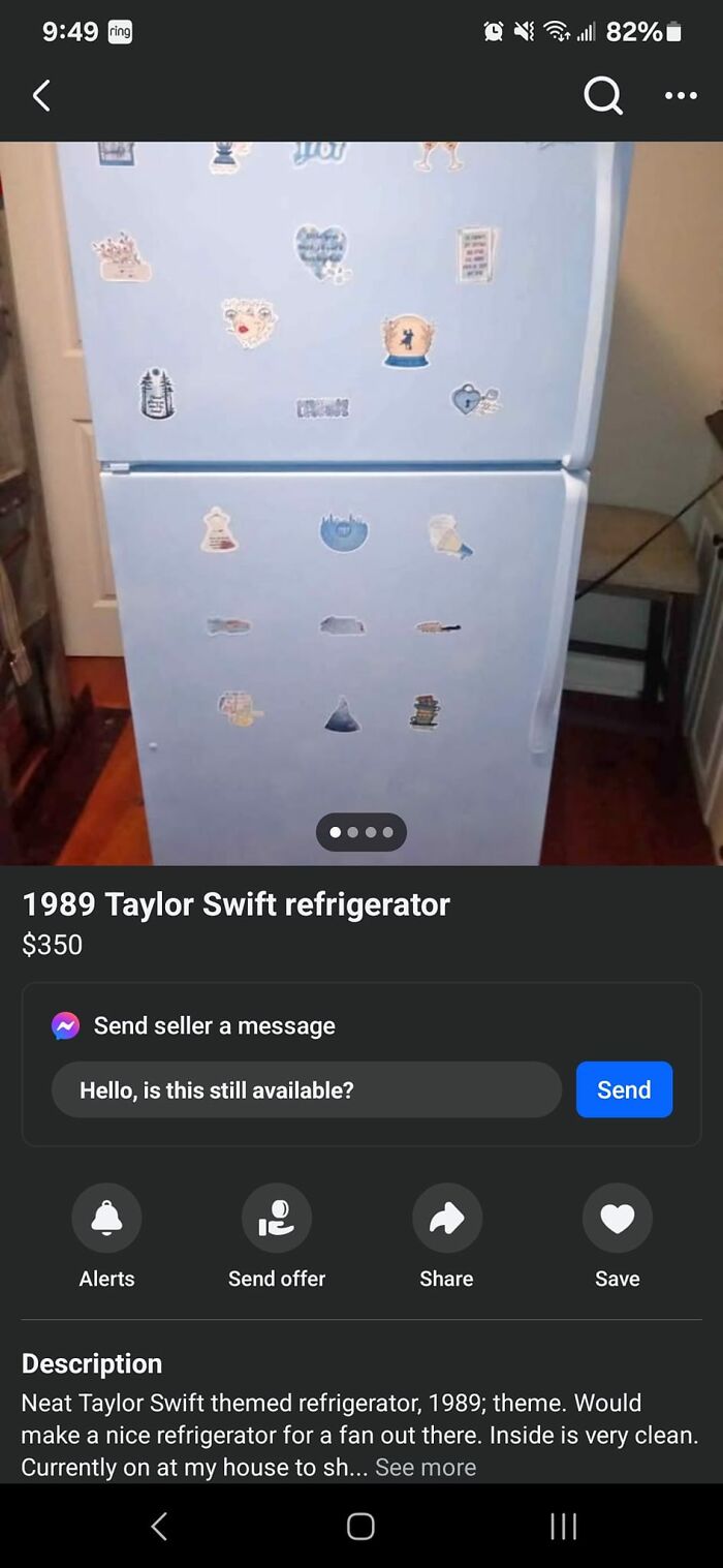 Light blue refrigerator with Taylor Swift 1989 themed stickers, listed on FB Marketplace with unhinged posts vibe.