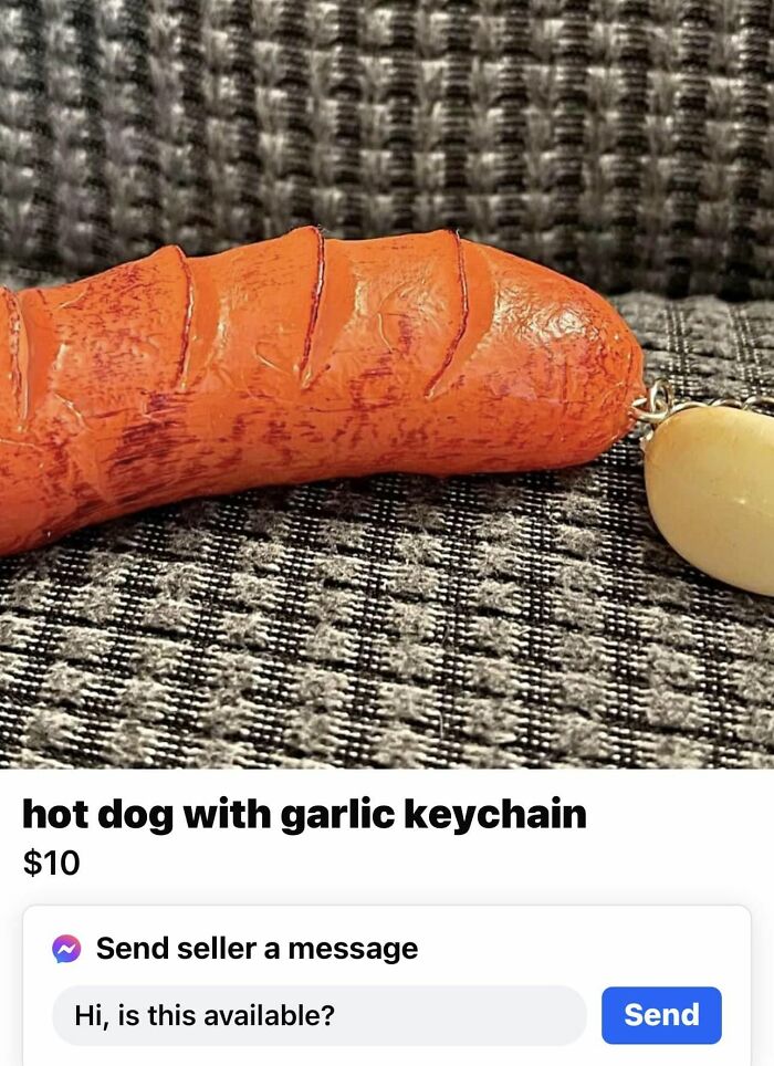 Hot dog shaped keychain with a garlic clove attached, listed in a quirky FB Marketplace post of unhinged items.