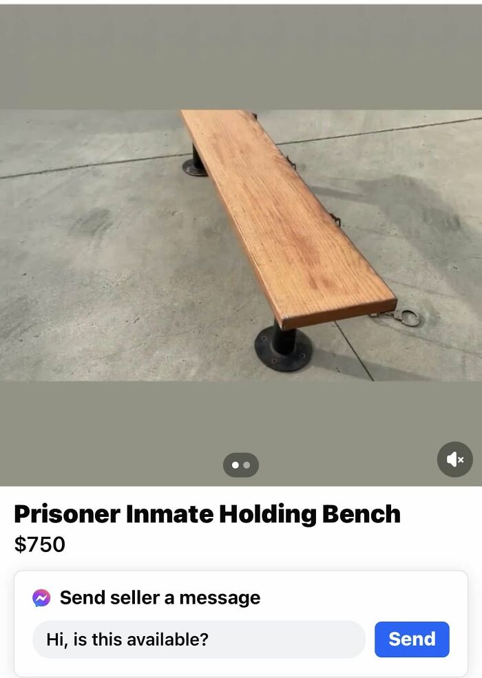 Wooden bench with metal handcuffs attached, listed on FB Marketplace in one of the most unhinged posts.