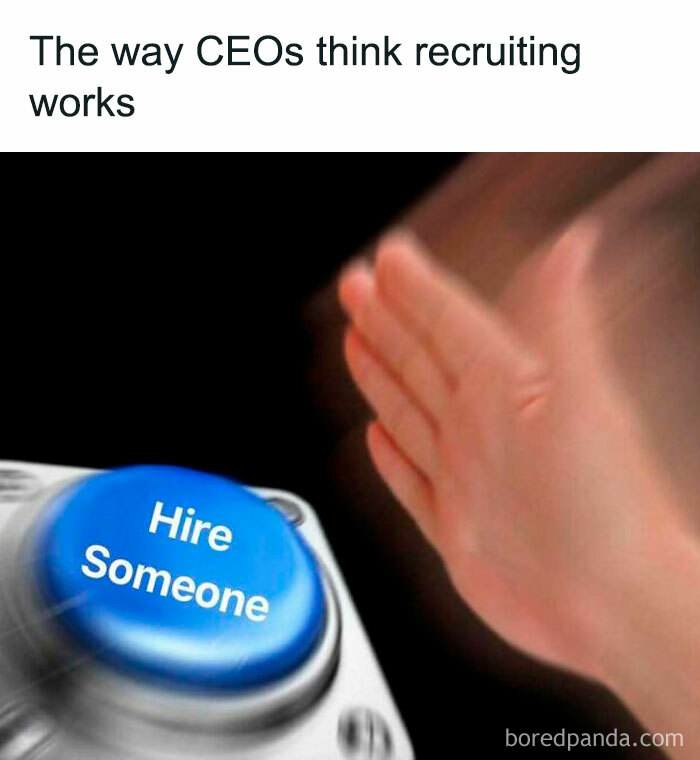 Hand slapping a blue button labeled Hire Someone, illustrating chaos of working in human resources recruiting.