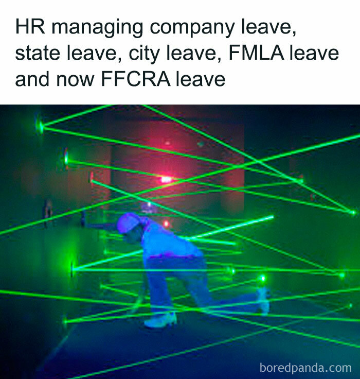 Person carefully navigating through green laser beams representing the chaos of working in human resources managing various leave policies.
