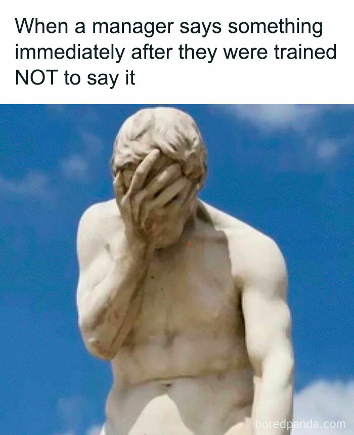 Statue with facepalm gesture representing the chaos of working in human resources after manager mistakes.