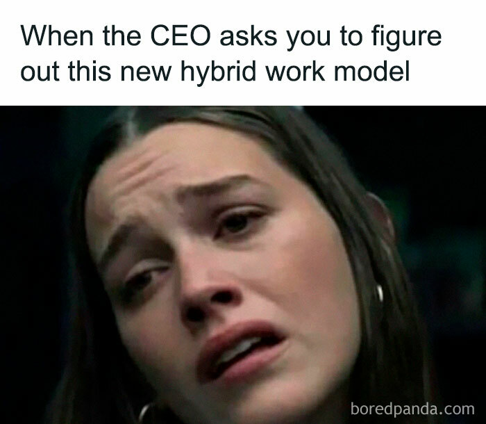Frustrated woman reacting to CEO asking HR to figure out a new hybrid work model, illustrating chaos in human resources.
