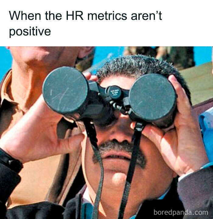 Man with mustache looking through binoculars humorously capturing the chaos of working in human resources.