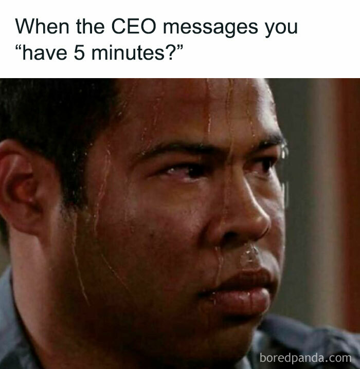 Man sweating nervously, illustrating the chaos of working in human resources when CEO requests urgent meeting.