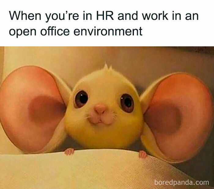 Cute cartoon mouse with oversized ears peeking over a surface, illustrating the chaos of working in human resources.