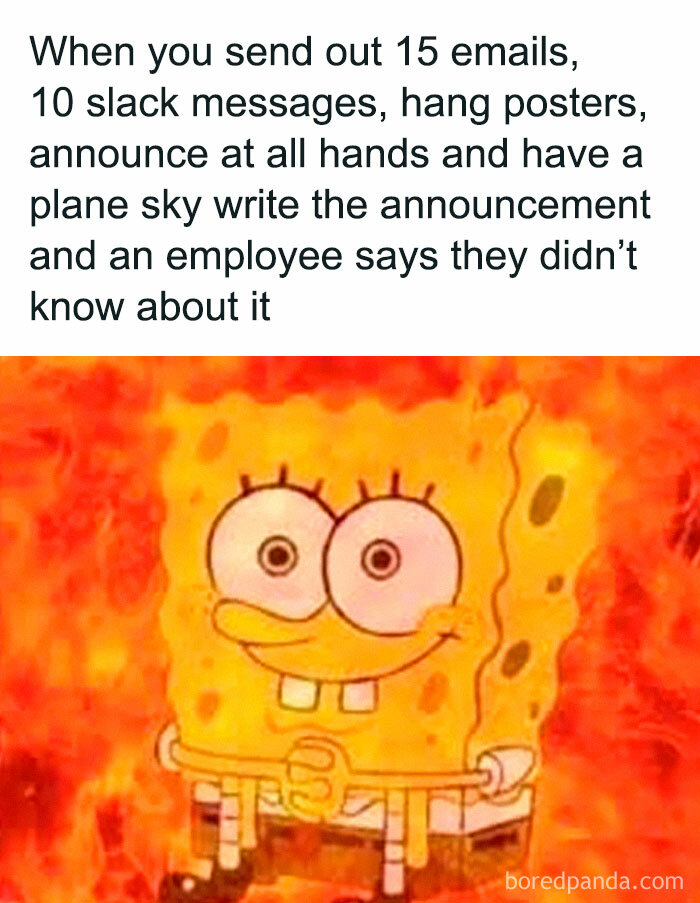 SpongeBob meme representing the chaos of working in human resources when employees miss important announcements.