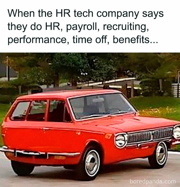 Old red car with uneven wheels illustrating challenges and chaos of working in human resources.