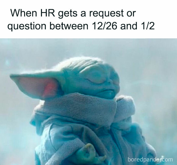 Cute Baby Yoda with eyes closed, representing the chaos of working in human resources during holiday requests.