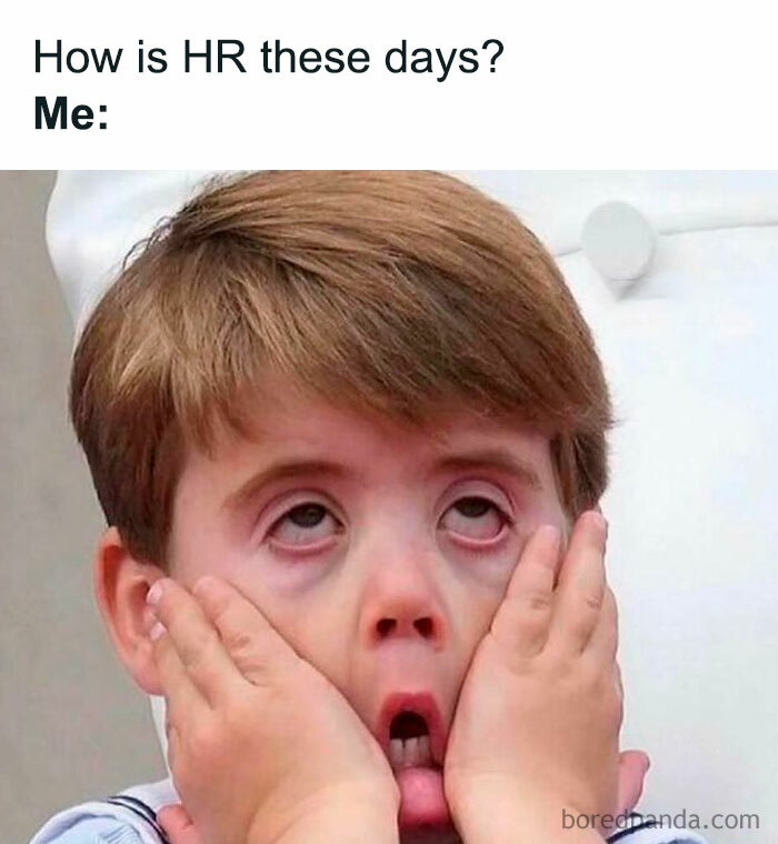 Tired young boy with hands on face, eyes rolled up, expressing exhaustion and chaos of working in human resources.