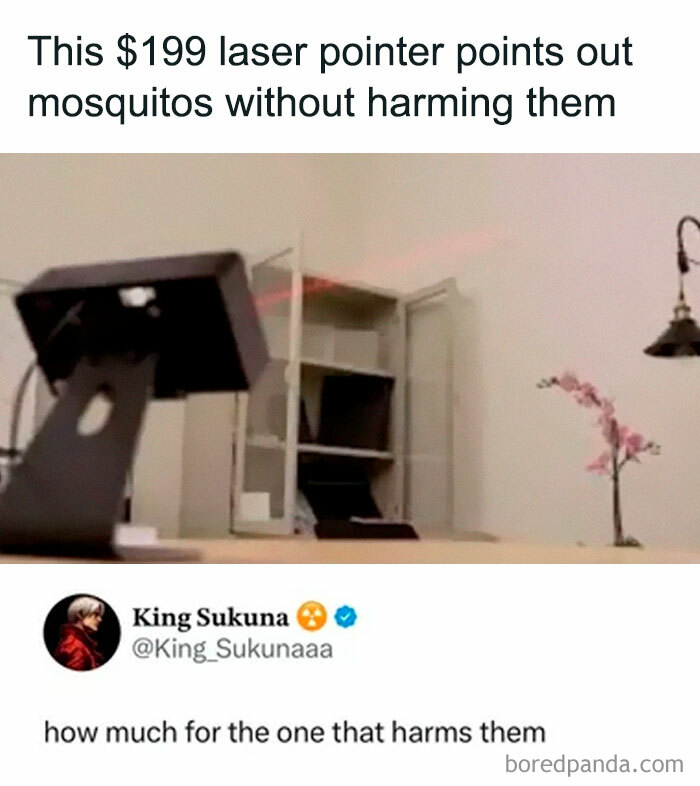 Laser pointer that harmlessly points out mosquitoes with a funny meme caption from Laughgorithm meme collection.