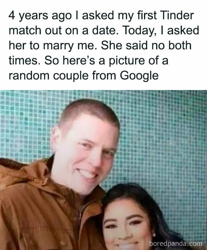 Couple posing for a photo with a humorous meme caption, featured in Laughgorithm’s collection of perfect memes.