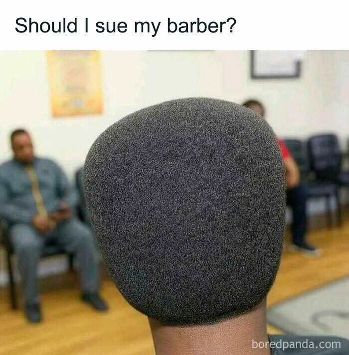 Man with an unusually shaped haircut sitting in a waiting room, humorous meme from Laughgorithm collection