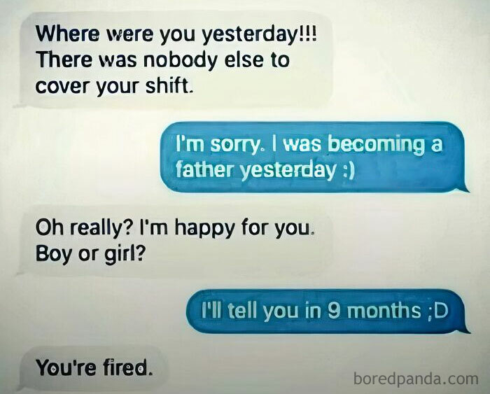 Funny text message meme from Laughgorithm showing a humorous conversation about becoming a father.