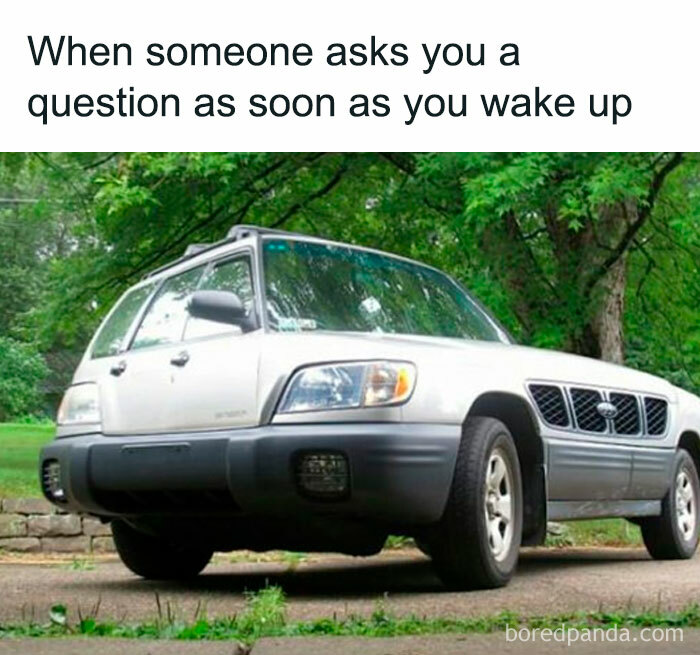 Meme showing a car parked unevenly with caption about being asked a question right after waking up, laughgorithm humor.