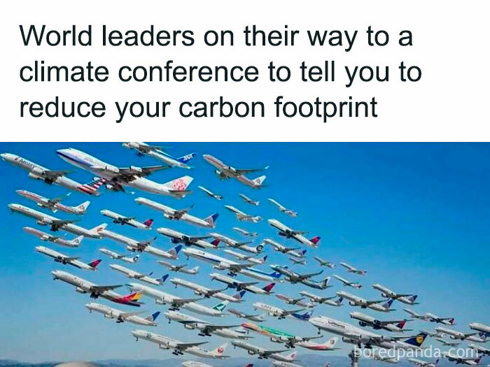 Multiple airplanes taking off together with the meme caption about world leaders and carbon footprint for laughgorithm memes.