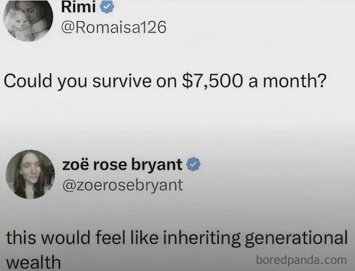 A meme conversation showing a humorous take on surviving on $7,500 a month, featured in laughgorithm memes.