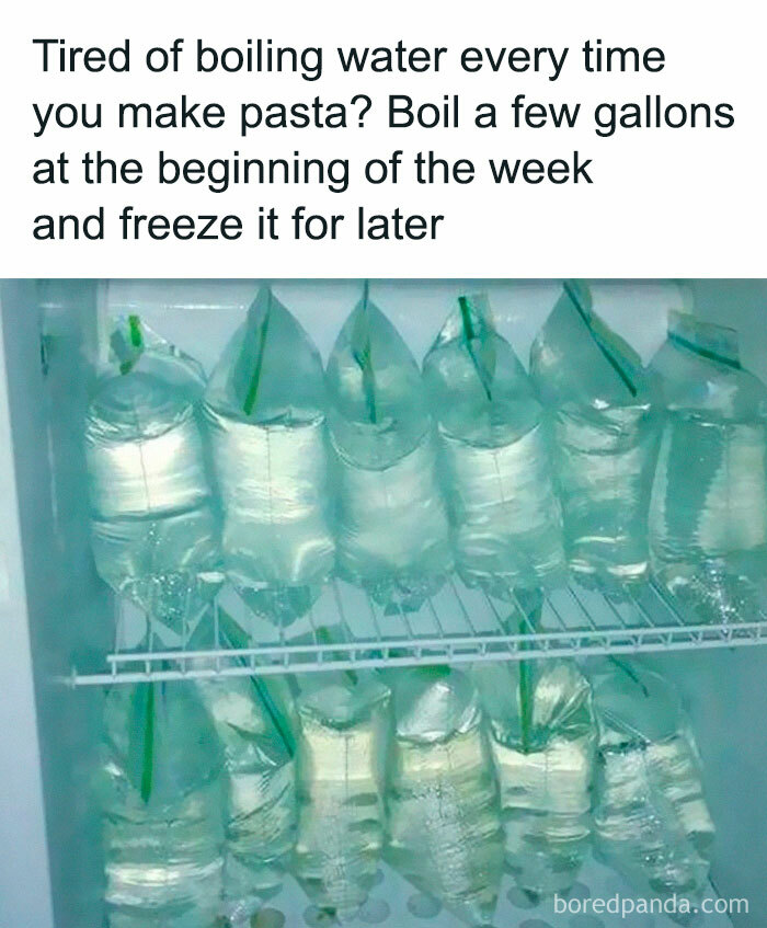 Bags of water frozen in a freezer with text about saving time boiling water for pasta in a laughgorithm meme.