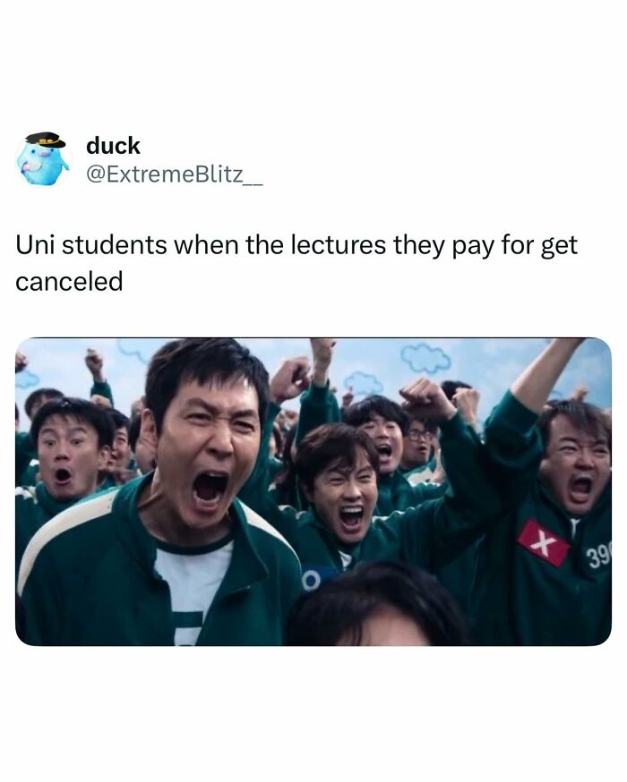 Group of excited university students cheering loudly, capturing relatable student meme about canceled lectures and student life emotions.