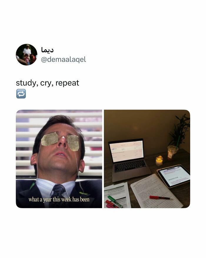 Relatable student meme showing study stress with tired man and a study desk filled with notes and laptop.