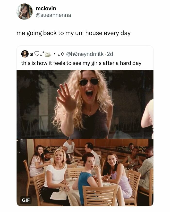 Relatable student meme showing excitement and friendship after a hard day for tired, broke students laughing through pain