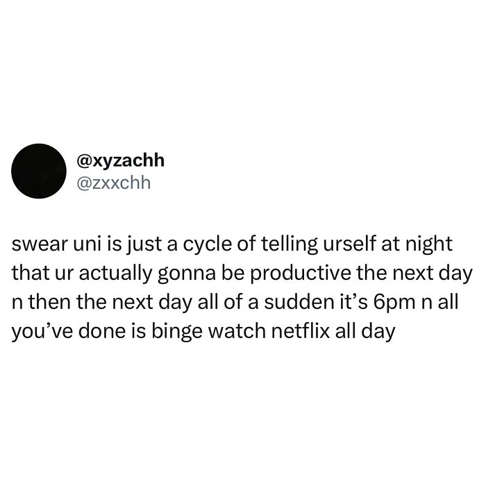 Relatable student meme about struggling to be productive and binge-watching Netflix instead, capturing student life humor.
