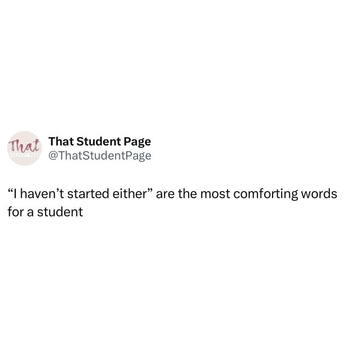 Tweet from That Student Page stating I haven’t started either are the most comforting words for a student, relatable student meme.