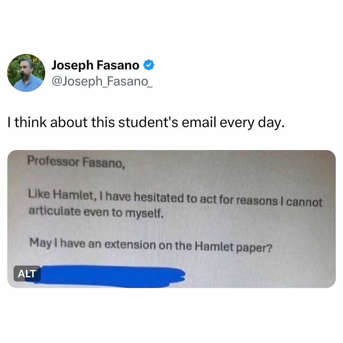Tweet showing a student email asking for an extension on a Hamlet paper, illustrating relatable student memes about academic stress.