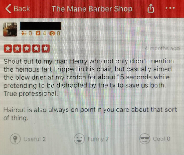 Funny unhinged review of a barber shop praising discreet blow dryer use and great haircuts in a hilarious way.