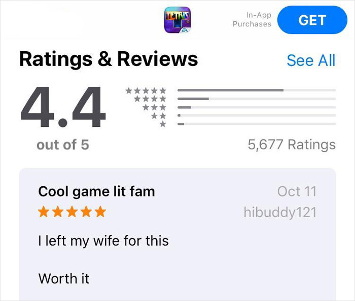 App ratings and a hilariously unhinged user review with a perfect five-star rating on a mobile game page.