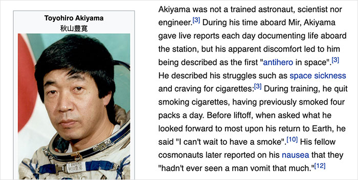 Photo of Toyohiro Akiyama in a space suit featured in a funny Wikipedia gem about his astronaut struggles and cravings.