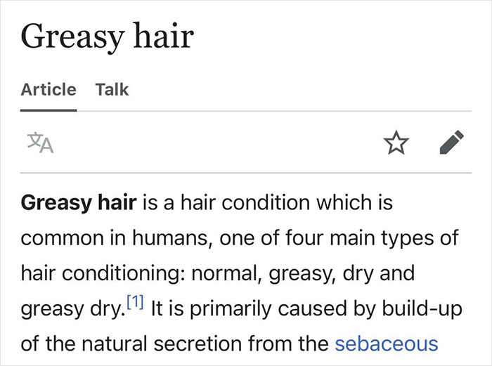 Screenshot of a Wikipedia article about greasy hair, one of the funny gems found on Wikipedia shared online.