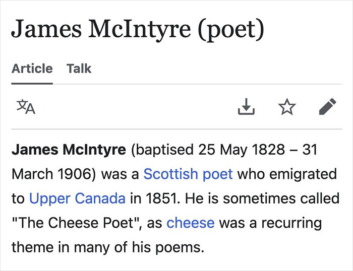 Wikipedia entry showing James McIntyre, the Scottish poet known as the Cheese Poet with a recurring cheese theme in his work.